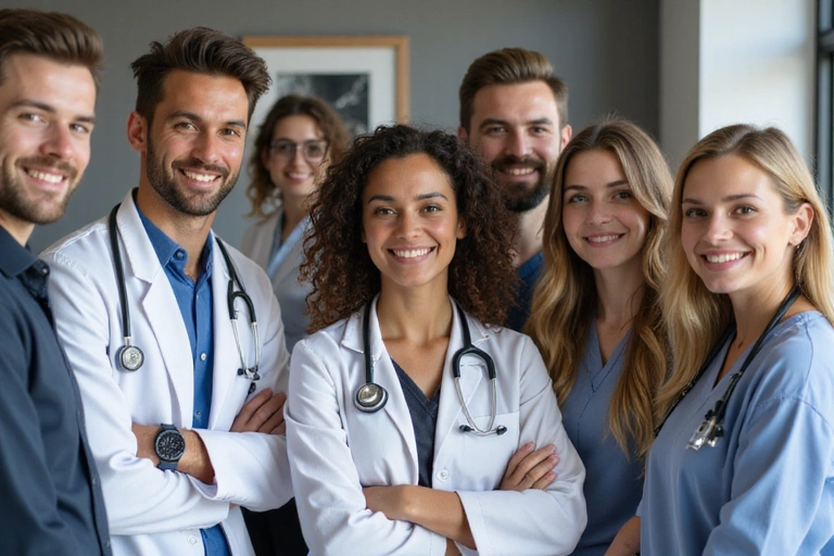 A diverse team of health and wellness professionals smiling