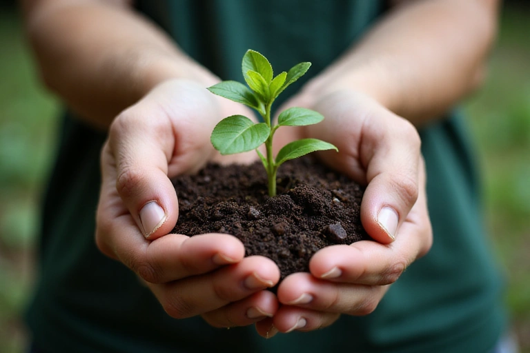 Hands holding a sapling, symbolizing sustainability and growth