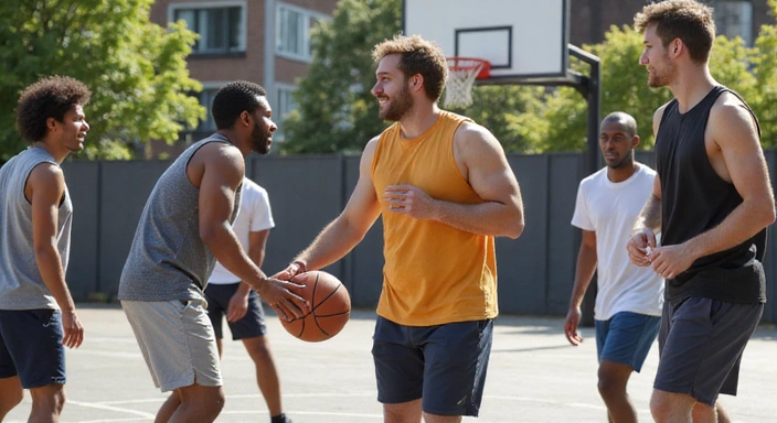Isang larawan ng isang grupo ng mga lalaki na naglalaro ng basketball sa labas.