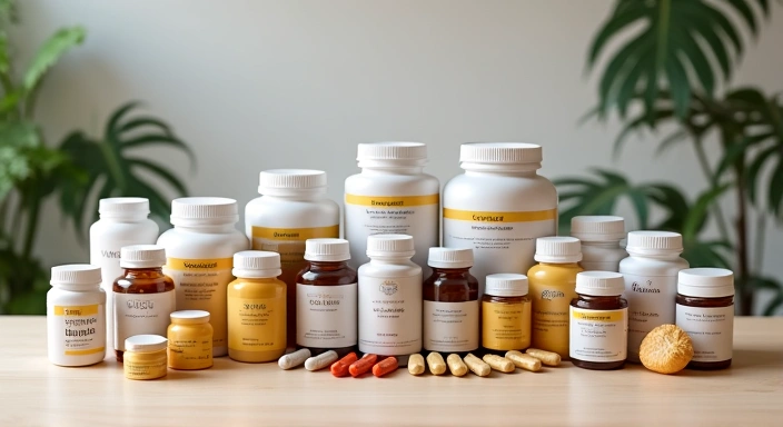 Isang larawan ng iba't ibang uri ng supplements na nakaayos nang maayos sa isang mesa.