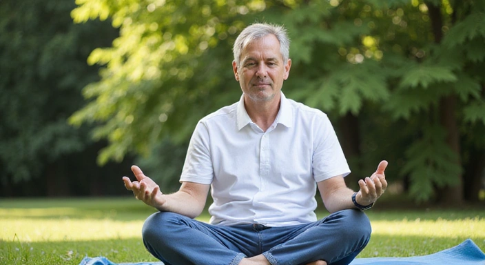 Isang larawan ng isang lalaki na nagme-meditate sa isang tahimik na lugar na may berdeng halaman.