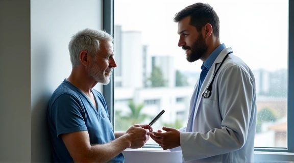 Isang larawan ng isang pasyente na kinakausap ang kanyang doktor sa isang klinika.