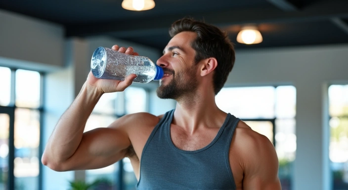 Isang larawan ng isang malusog na lalaki na umiinom ng tubig pagkatapos ng ehersisyo.