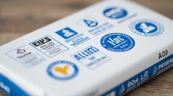 Isang larawan ng mga sertipikasyon at kalidad na selyo sa packaging ng produkto.