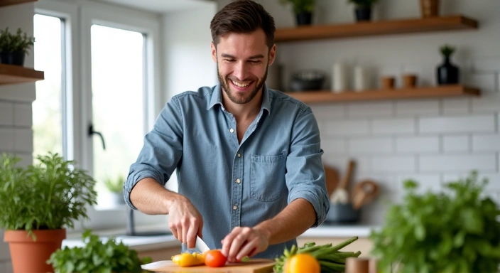 Isang larawan ng isang lalaki na nagluluto ng masustansiyang pagkain sa kusina.