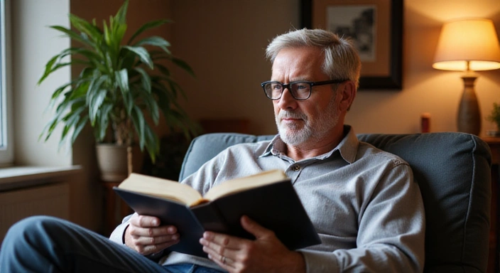 Isang larawan ng isang lalaki na nagbabasa ng libro sa isang komportableng upuan.
