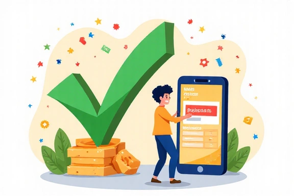 Illustration of a successful order confirmation, with a checkmark and happy customer