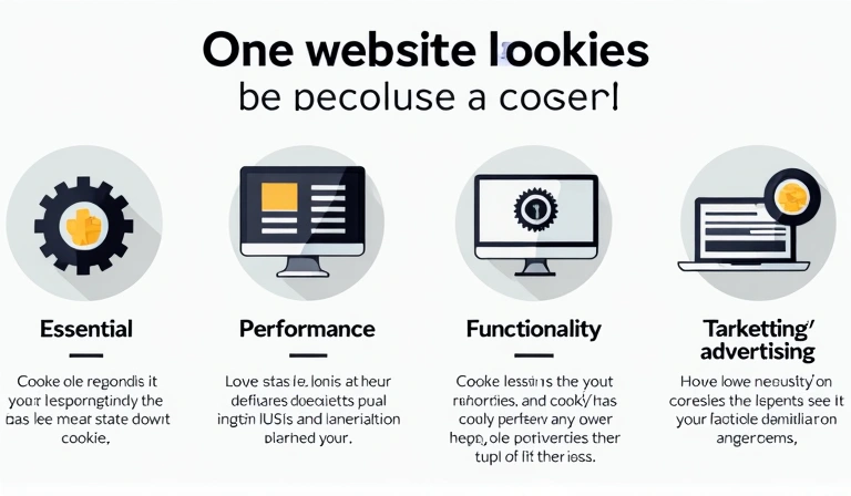 Diagram na nagpapakita ng iba't ibang uri ng cookies (essential, performance, functionality, targeting) at ang kanilang mga tungkulin sa isang website.