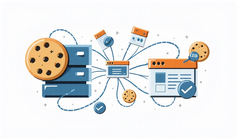 Ilustrasyon ng cookies bilang maliit na data file na inilipat sa pagitan ng web server at browser.